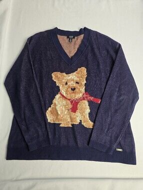 Jones New York Signature Dog Red Scarf Vneck Pullover Sweater Holiday